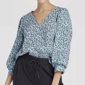 A New Day 3/4 Sleeve Spring Floral V-Neck Blouse - Blue Lavender Teal